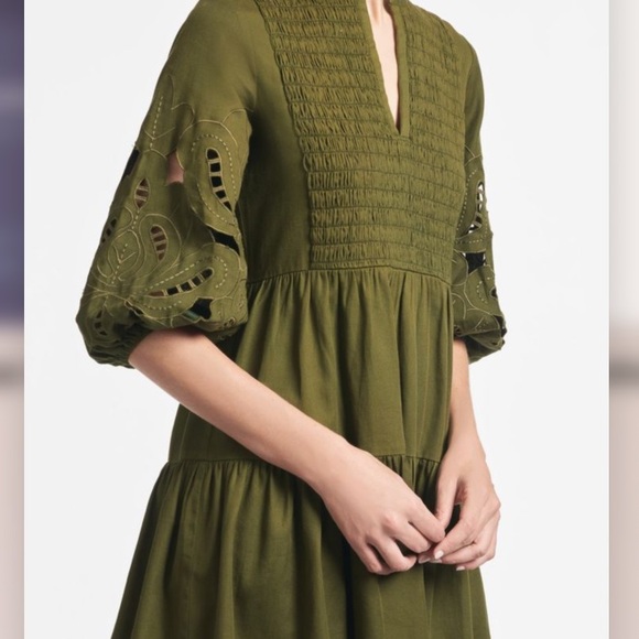 NWT Sachin and Babi Kendall Twill Dress Olive Green Flounce Mini Smocked Eyelet - Picture 2 of 5